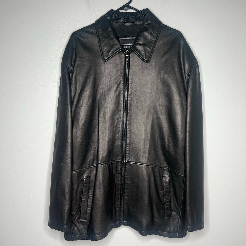 Andrew Marc New York Men's Black Leather Coat Heavy Lined Size XL Full Zip
